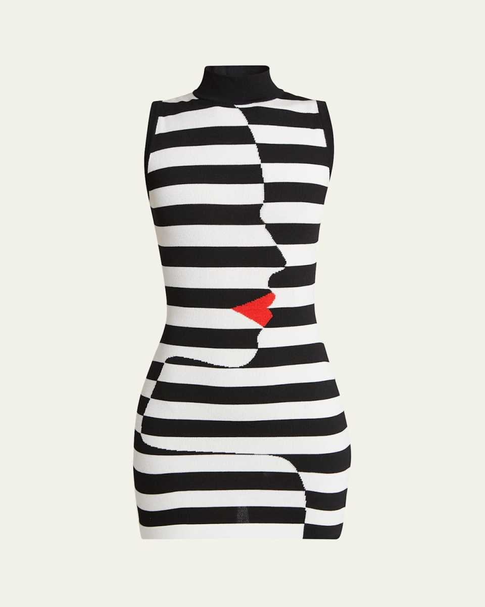 Face Print Striped Mini Body-Con Dress